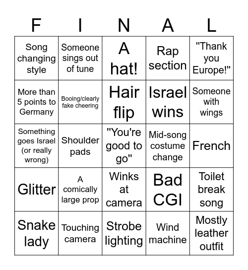 Eurovision 2024 Bingo Card