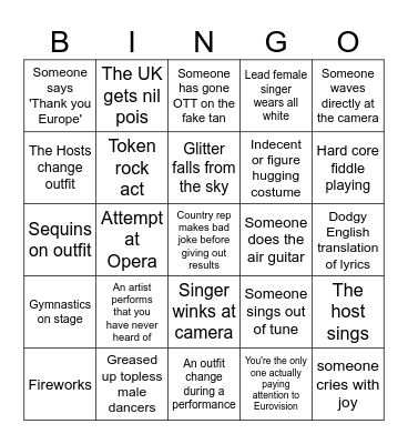 Eurovision Bingo Card