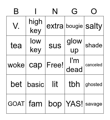 Gen Z Bingo Card