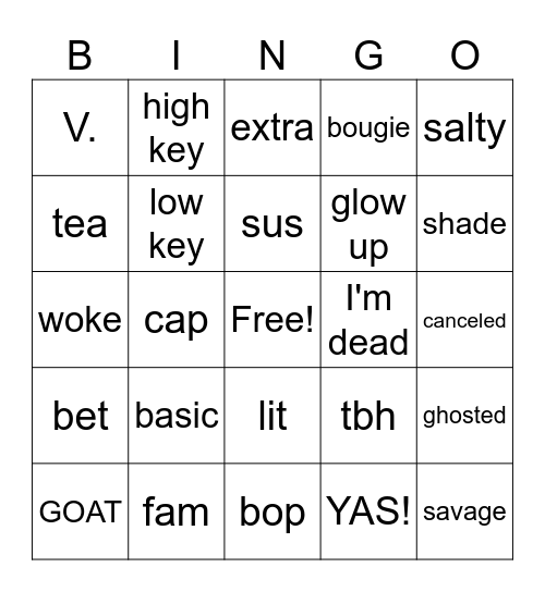 Gen Z Bingo Card