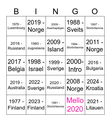 EUROVISION Bingo Card