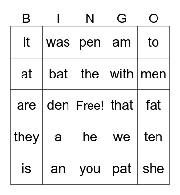 sight words Bingo Card