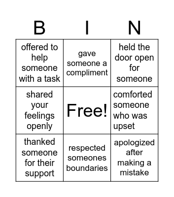Emotional Bingo Card