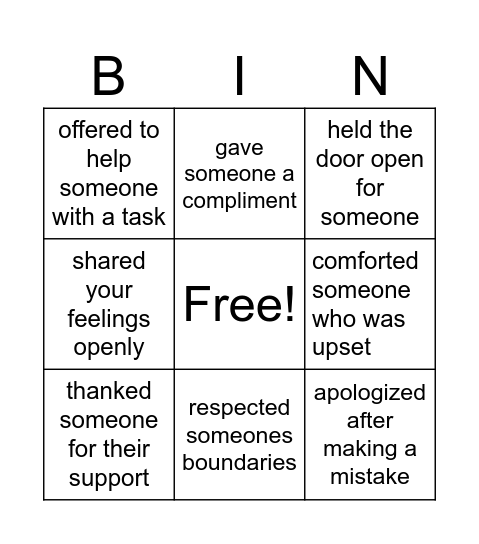 Emotional Bingo Card