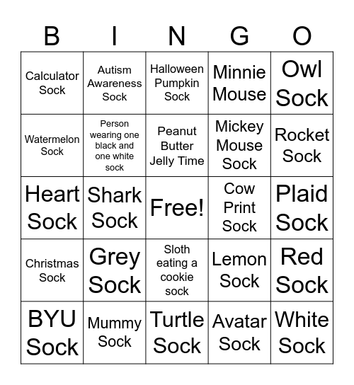 Lost Sock Day Bingo Card