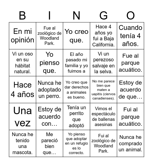 Historia de animales Bingo Card