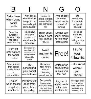 Social Media Awareness Bingo Card