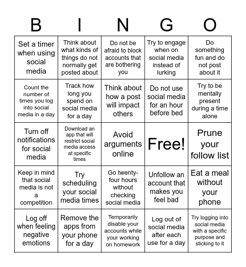 Social Media Awareness Bingo Card