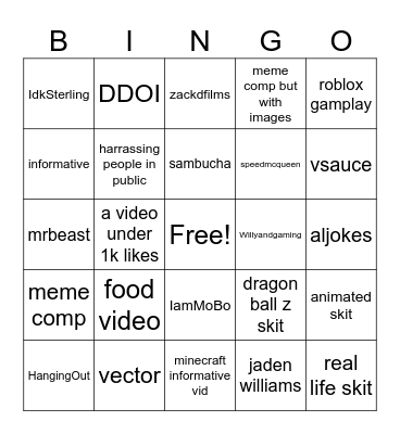 shorts Bingo Card