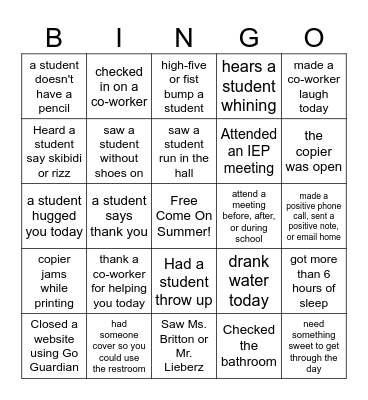 End-of-the-Year Bingo - Teacher Edition Bingo Card