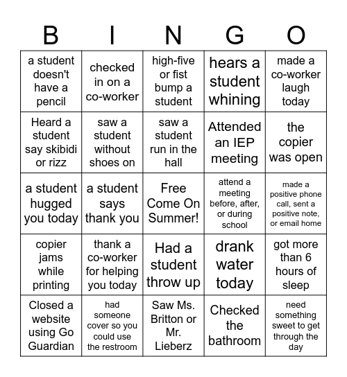 End-of-the-Year Bingo - Teacher Edition Bingo Card