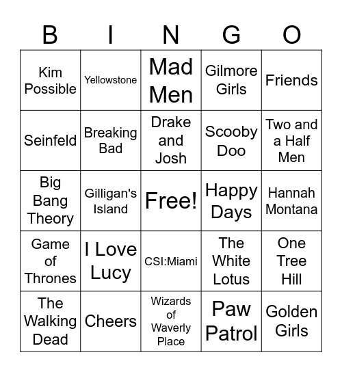 TV Show Theme Songs Bingo Card