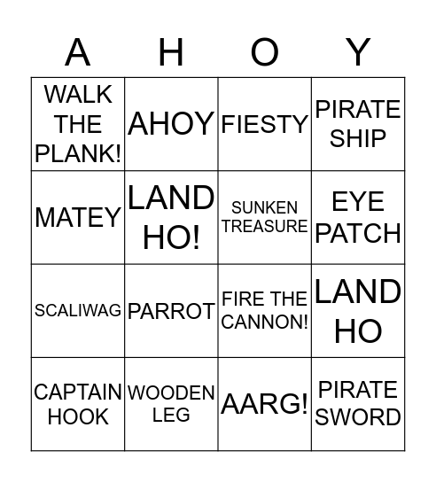 Captain Hook's Bingo Card