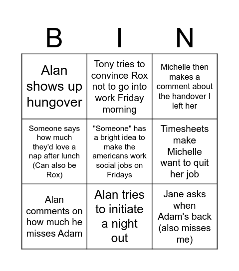 Friday Bingo Card