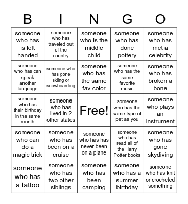Get to Know You: find someone who___ Bingo Card