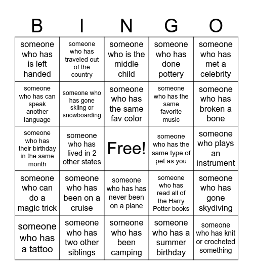 Get to Know You: find someone who___ Bingo Card