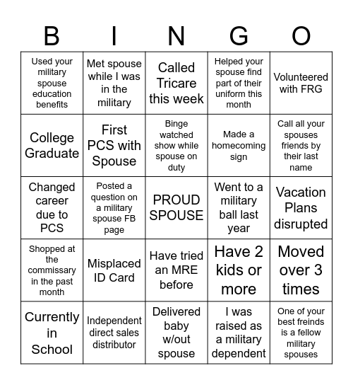 Military Spouse BINGO Card