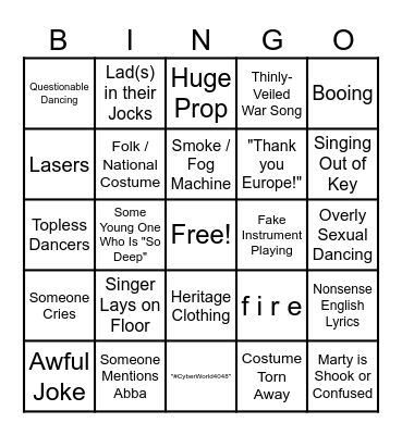 Eurovision 2024 Semi Final #2 Bingo Card