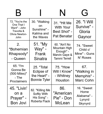 T5 Music Bingo Card