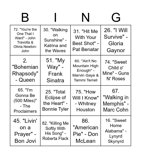T5 Music Bingo Card