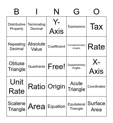 MATH VOCABULARY Bingo Card