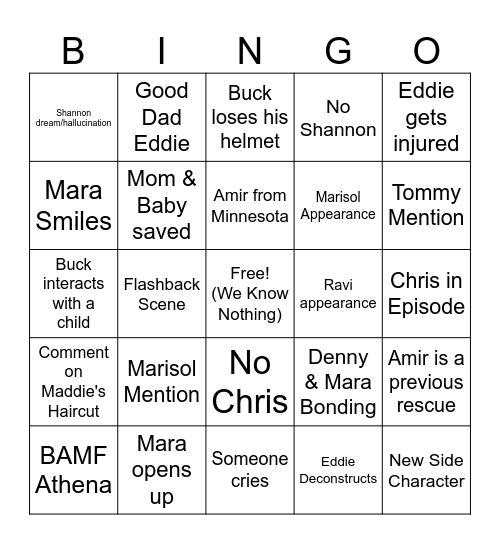 9-1-1 07x07 "Ghost of a Second Chance" Bingo Card