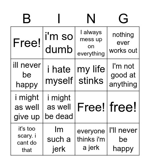 Stinking Thinking Bingo Card