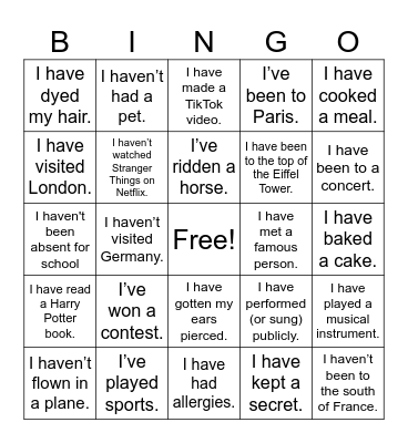 Present Perfect Bingo Card