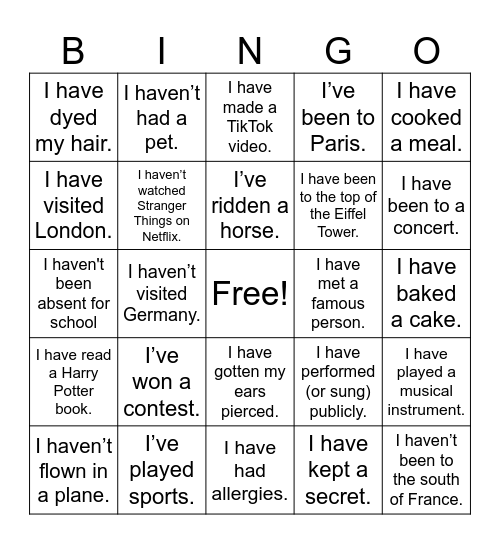 Present Perfect Bingo Card