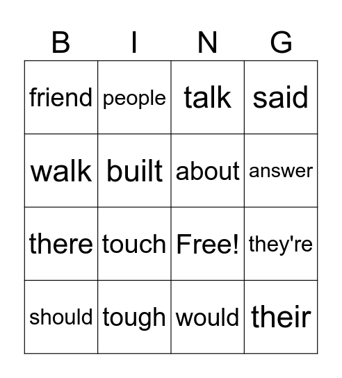 Sight Word Bingo Card