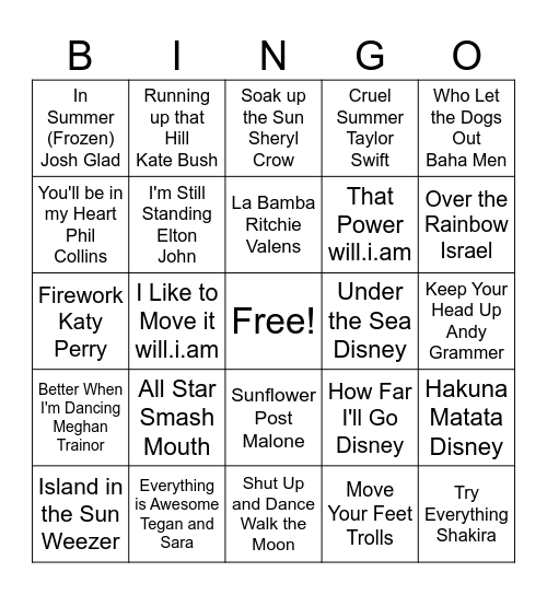 Summer Music Bingo Card