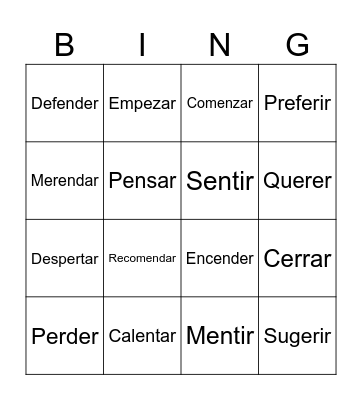 E to IE VERBS Bingo Card