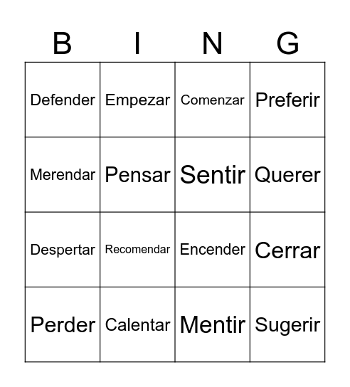 E to IE VERBS Bingo Card
