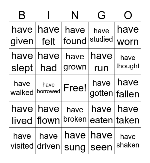 Present Perfect Bingo Card
