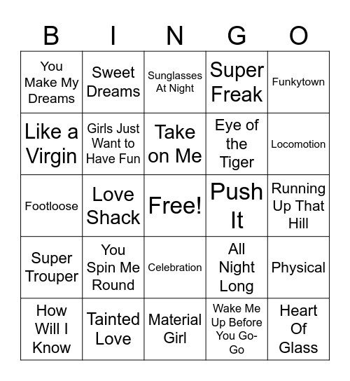 Années 80 Bingo Card