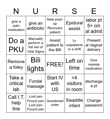 OB & Nursery Nurse Bingo Card