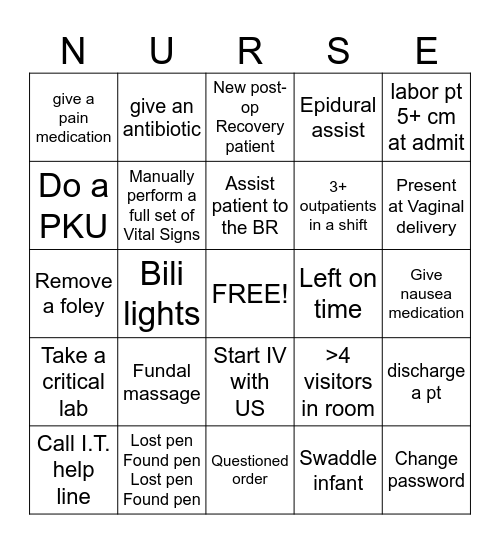 OB & Nursery Nurse Bingo Card