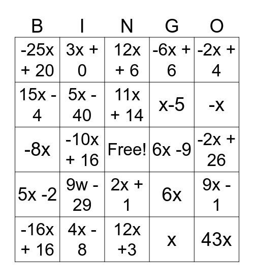 Simplifying expressions Bingo Card