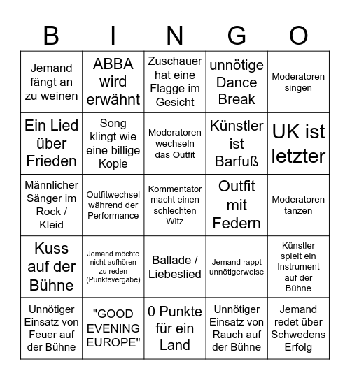 Eurovision 2024 Bingo Card