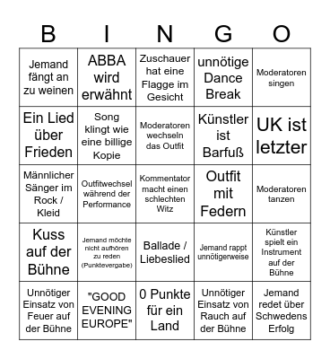 Eurovision 2024 Bingo Card