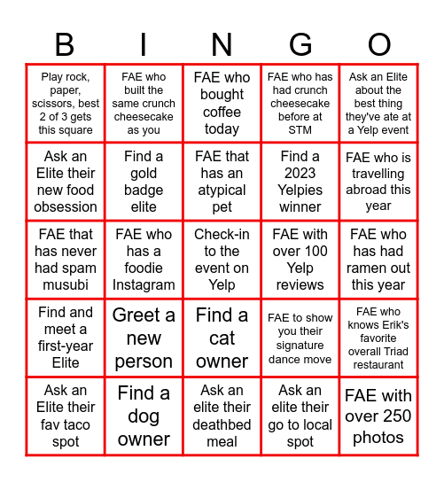ELITE BINGO! FAE = Find an Elite Bingo Card