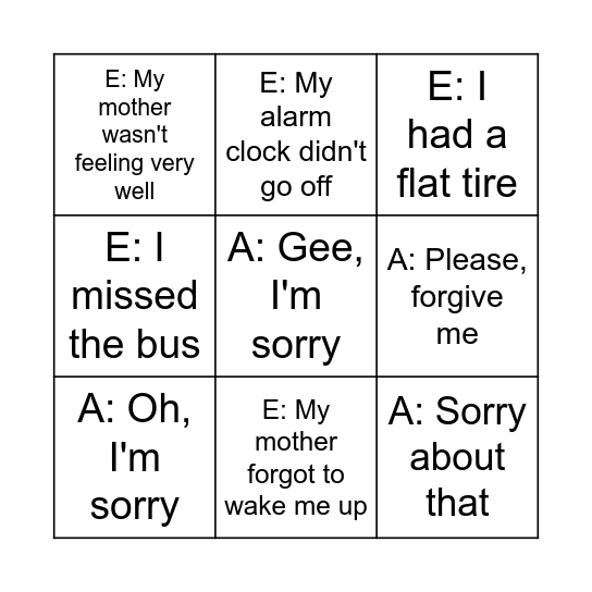 Complaints and Apologies Bingo Card