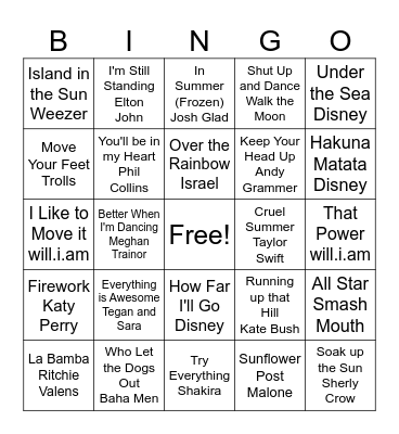 Summer Music Bingo Card