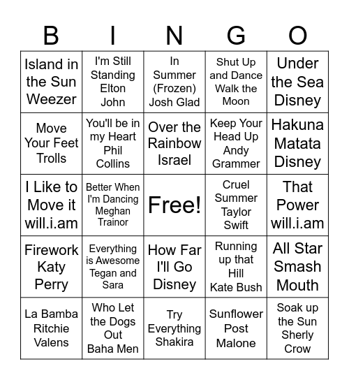 Summer Music Bingo Card