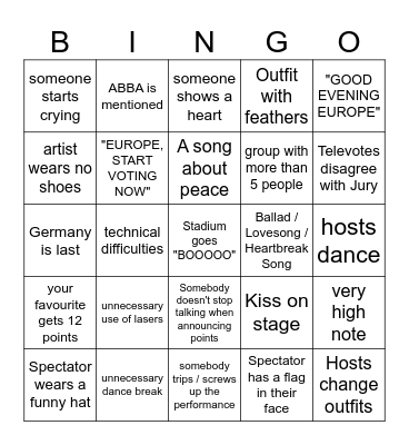ESC 2024 Bingo English Bingo Card