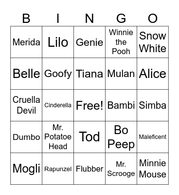 Disney Characters Bingo Card