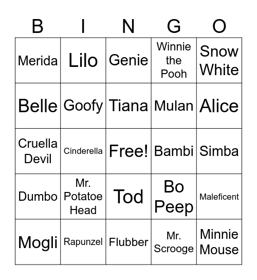 Disney Characters Bingo Card