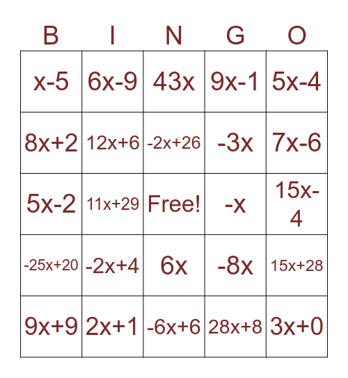 Simplifying expressions Bingo Card
