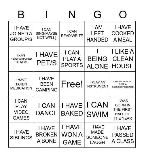 All about me...BINGO Card