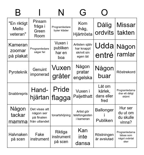 Melodifestivalen Bingo Card